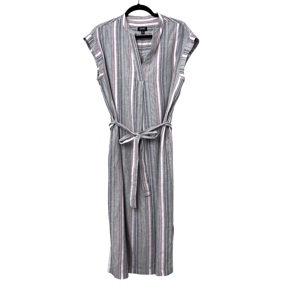 Jones New York Striped Midi Linen Rayon Cap Sleeve Shirt‎ Dress Size 12